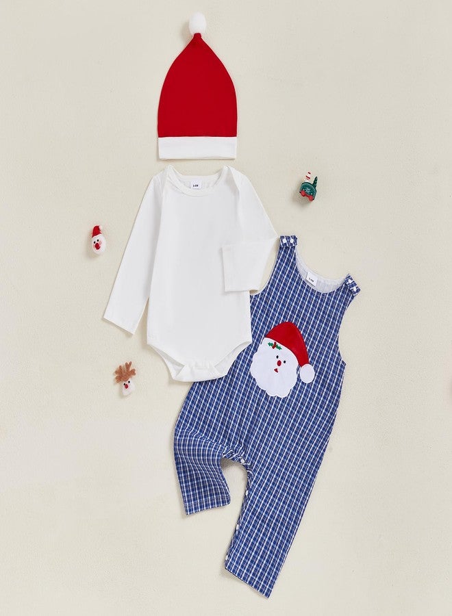 Rtnnsbbfcm My First Christmas Baby Boy Outfit Long Sleeve Romper + Santa Overalls Pants + Hat Newborn Christmas Clothes Sets (Chirstmas - Blue, 12-18 Months) - Image 4